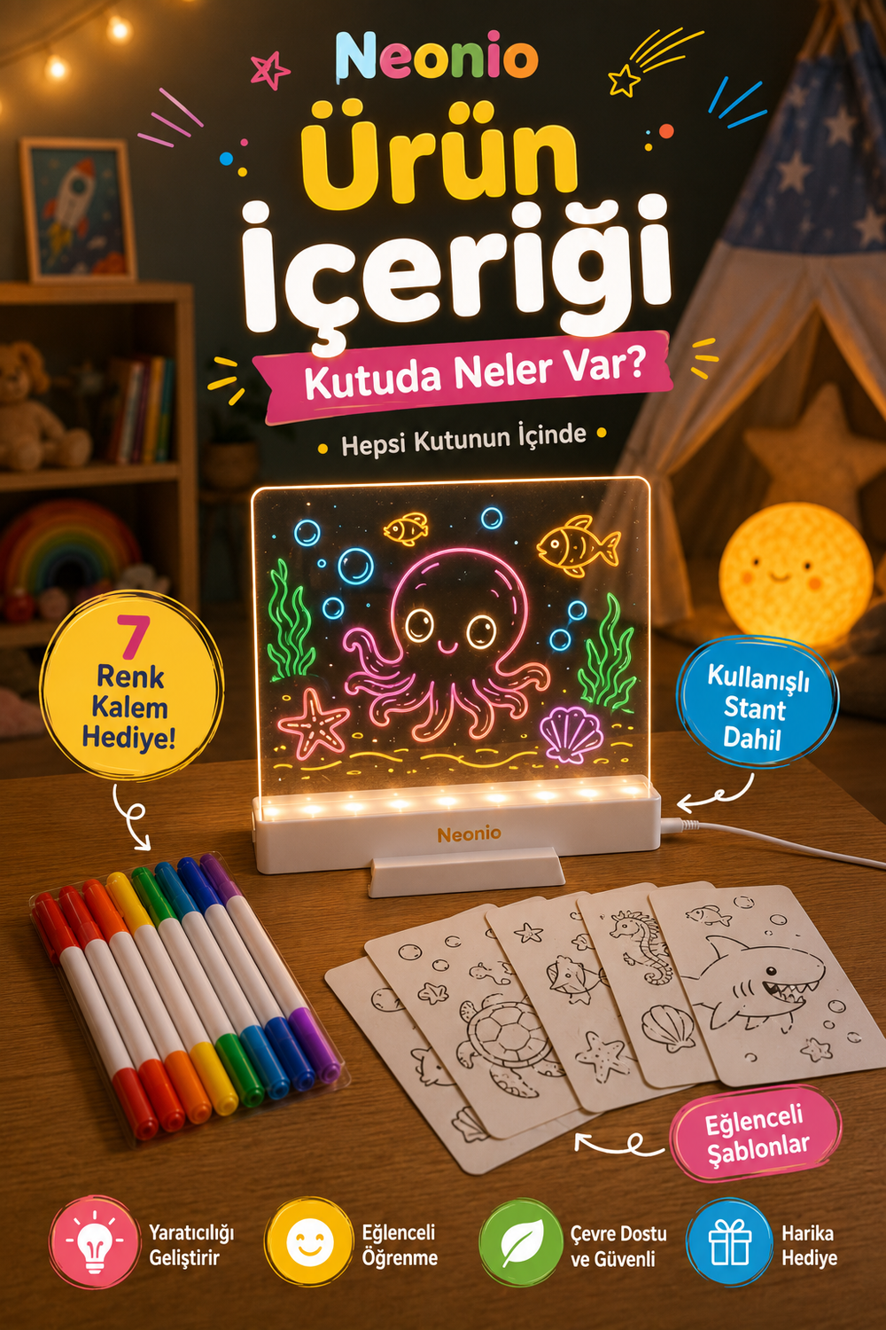 Neonio LED Işıklı Çizim ve Boyama Panosu – Stantlı, 7 Kalemli Çocuk Aktivite Seti