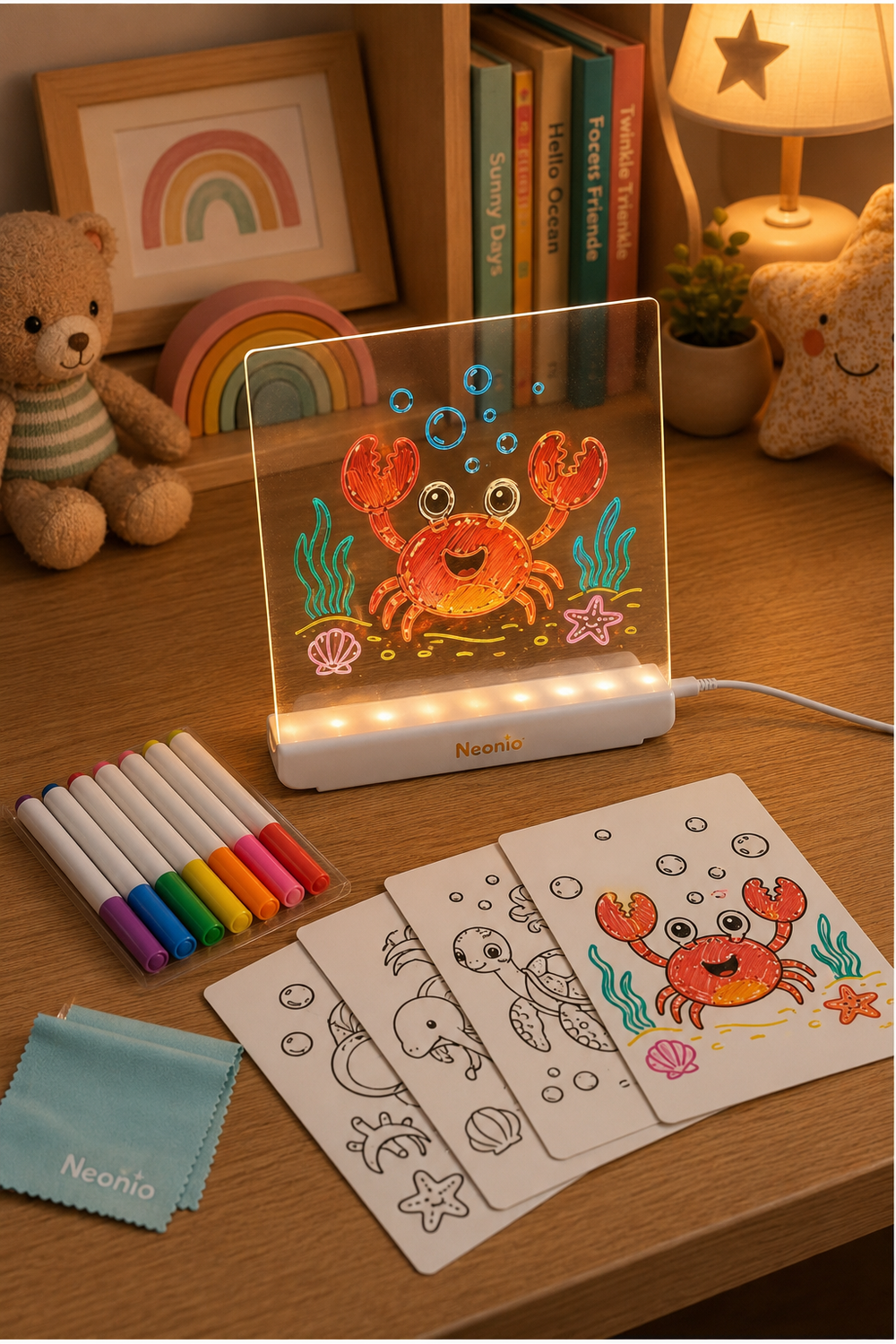 Neonio LED Işıklı Çizim ve Boyama Panosu – Stantlı, 7 Kalemli Çocuk Aktivite Seti
