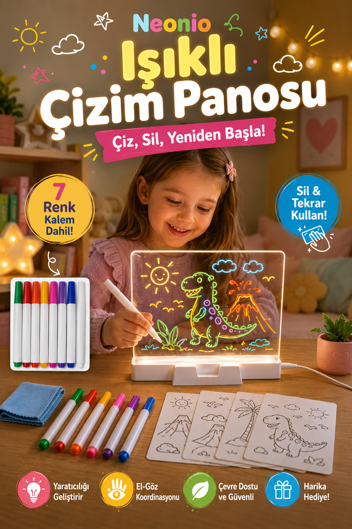 Neonio LED Işıklı Çizim ve Boyama Panosu – Stantlı, 7 Kalemli Çocuk Aktivite Seti